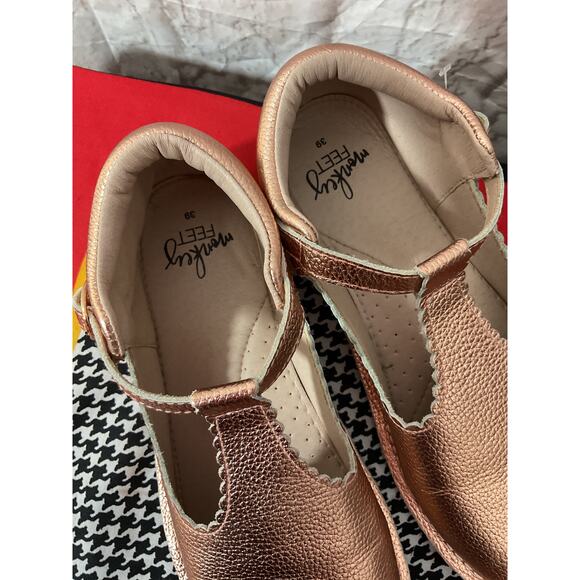 Monkey Feet Size 39 W 8.5 Pebbled Metallic Leather T Strap Mary Jane Comfort - Picture 4 of 7